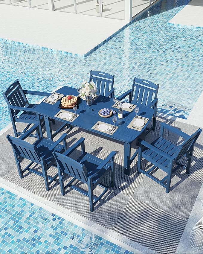 Ciokea HDPE Outdoor Dining Table with Umbrella Hole,66" Rectangle Patio Table for 6,All-Weather Outdoor Patio Furniture Set for Garden Backyard,Navy Blue CIOKEA