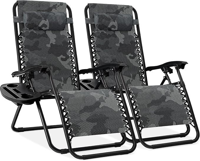 Best Choice Products Set of 2 Adjustable Steel Mesh Zero Gravity Lounge Chair Recliners w/Pillows and Cup Holder Trays - Camoflage BestChoiceProducts