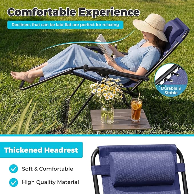 Homall Zero Gravity Chair Patio Folding Lawn Outdoor Lounge Gravity Camp Reclining Lounge Chair with Cup Holder Pillows for Poolside Backyard and Beach Set of 4 (Blue) Homall