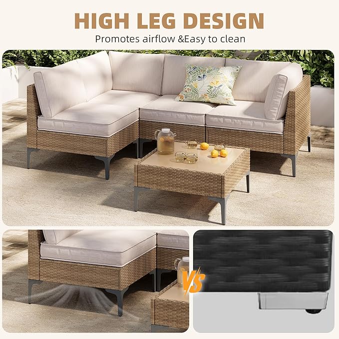 5-Piece Patio Furniture Set, Outdoor Wicker Sectional Sofa with Coffee Table, Anti-Slip & Thick All-Weather Cushions for Party, Garden, Backyard, Beige OutdoorPatioFurnitureSet