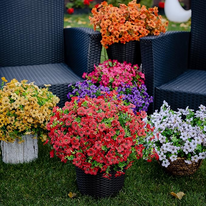 Artificial Flowers for Outdoors Fake Plants - 16 Bundles Faux Outside Greenery Boxwood No Fade Plastic Shrubs Fall Decor Farmhouse Home Garden Thanksgiving Mums (PureRed) AXYLEX