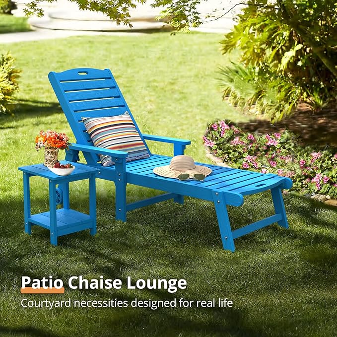 LUE BONA Chaise Lounge Chair with Table, 3-Piece, HDPS Chaise Lounger, 5 Positions Adjustable Lounge Chairs, Pool Lounge Chair with Wheels for Poolside, Backyard, Blue LUEBONA