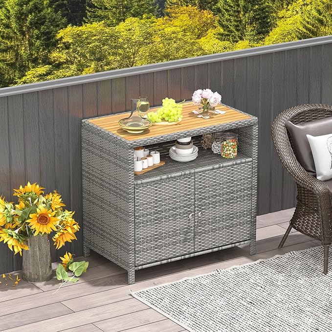 Tangkula Rattan Outdoor Storage Cabinet, Patiojoy Outdoor Cabinet with Acacia Wood Countertop, Open Compartment, 2-Door Wicker Sideboard, Outdoor Bar for Patio Garden Backyard Poolside (Mix Grey) TANGKULA