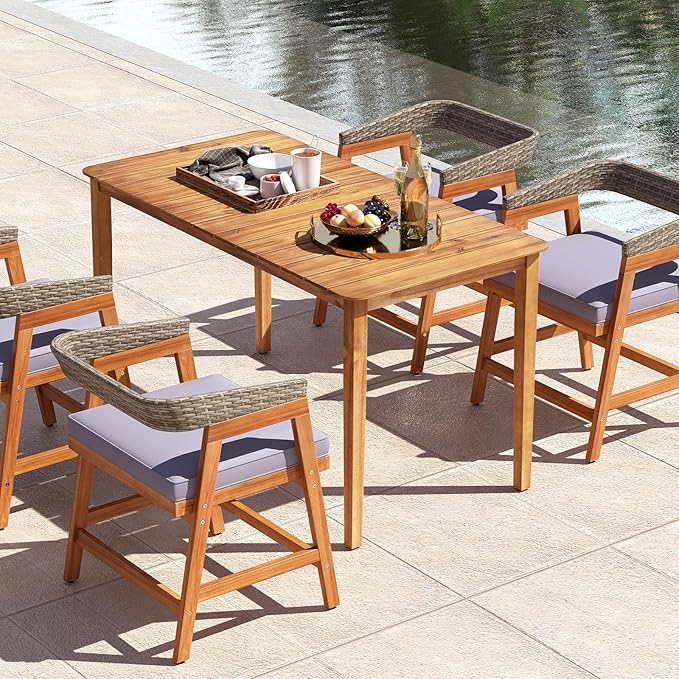 Tangkula 54" Acacia Wood Patio Dining Table for 6, Rectangular 4-6 People Patio Table with Slatted Tabletop, Indoor Outdoor Farmhouse Dining Table for Yard, Garden, Poolside, Deck TANGKULA