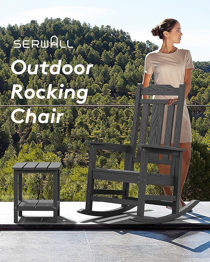 SERWALL Gray Outdoor Rocking Chair Set of 4, All Weather Patio Rocking Chair, HDPE Poly Rocking Chair for Adults, Heavy Duty Front Porch Rocker SERWALL