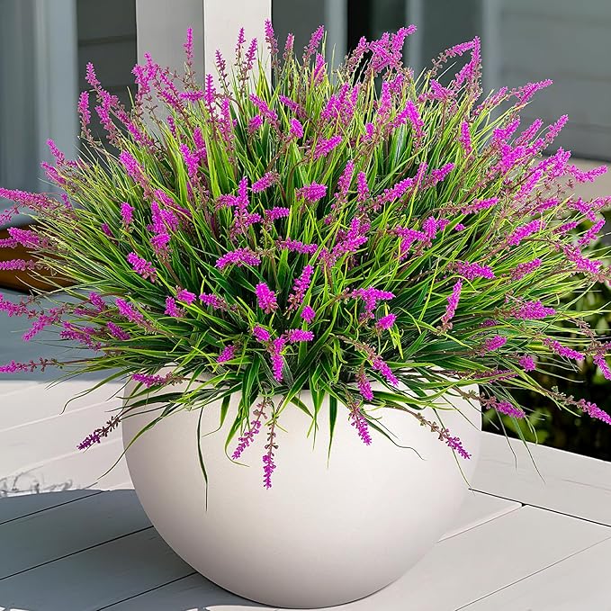 Artificial Flowers Faux Plants for Outdoor Decoration, 12 Bundles Fake Monkey Grass for Home Garden Front Porch Balcony, Lavender Flowers Shrubs UV Resistant No Fade Greenery Bush Planter (Lotus) Ammyoo