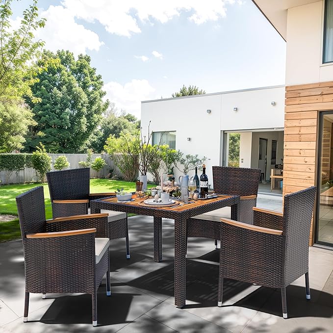 Shintenchi 5 PCS Patio Dining Set, Wicker Outdoor Table and Chairs with Soft Cushions, Patio Furniture Set with Wood Table Top for Backyard, Deck and Garden, Brown Rattan Shintenchi