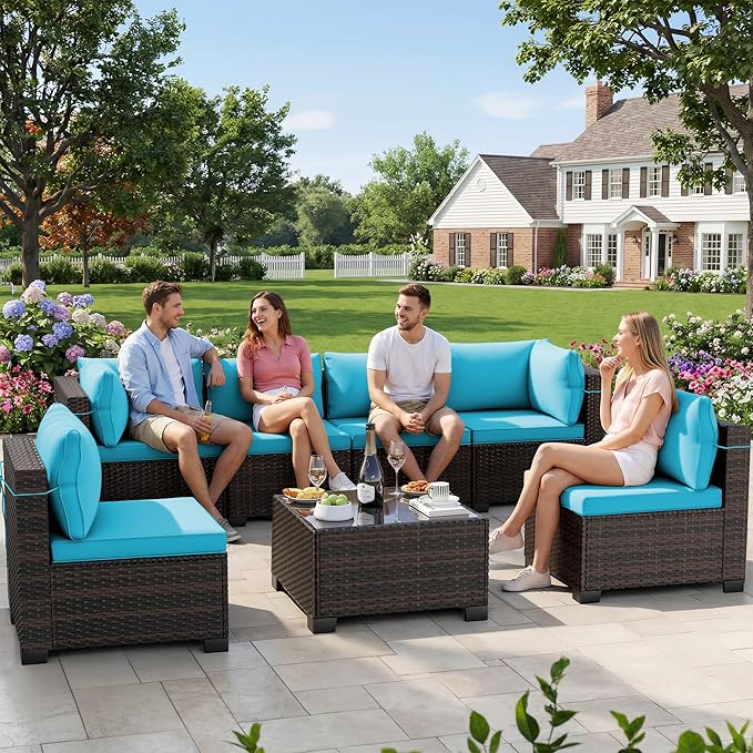 LEVELEVE 7 Pieces Outdoor Patio Furniture Sets,Rattan Conversation Sectional Set,Manual Weaving Wicker Patio Sofa with Tea Table Enjoyyourlife
