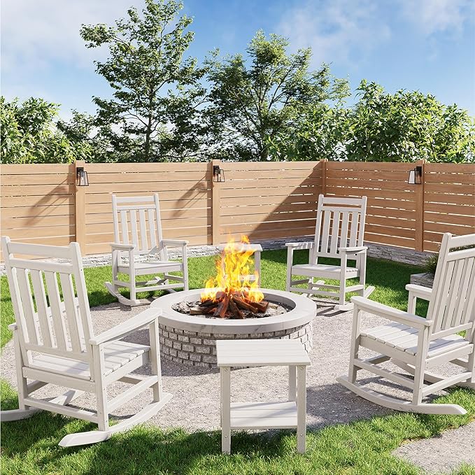 GarveeLife Poly Lumber Rocking Chair Outdoor Set of 4 with 2 Side Table - HDPE High Back Porch Rocker Chairs for Adults - All Weather Resistant Furniture for Patio - White GarveeLife