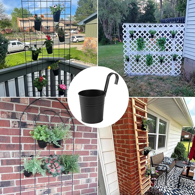 20 Pack 4 Inch Railing Hanging Planter, Black Small Hanging Bucket Planters, Metal Hanging Flower Pots, Metal Railing Bucket for Outdoor, Balcony, Fence, and Porch with Detachable Handles Rootora