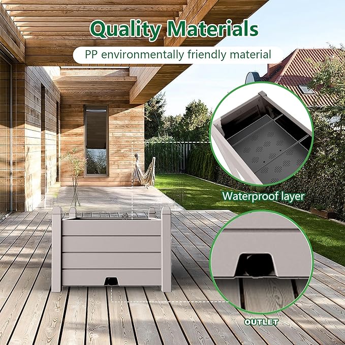 Raised Garden Bed, 21 Gallon Self-Watering Outdoor Raised Planter Box with Drainage Plug and Gauge for Vegetables, Flowers and Herbs, Durable Rustproof Resin for Backyard Patio Porch (Grey) OutdoorLivingPerfected