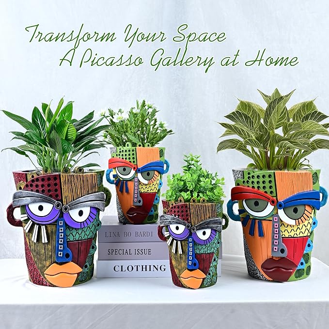 Abstract Face Planter Pots for Plants,Hand-Painted Colorful Flower Pots with Drainage, Indoor Outdoor Garden Decor Gift(Classic,Large) Midogaigai