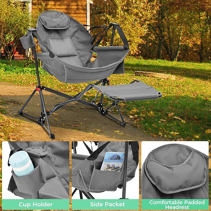 Ainfox Hammock Camping Chair with Footrest, Foldable Portable Rocking Chairs for Adults Outside Swinging Camp with Cup Holder Pillow for Outdoor Patio Poolside (Dark Grey) Ainfox