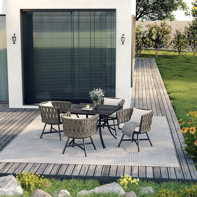 Grand patio 5-Piece Outdoor Dining Set for 4, Patio Dining Furniture Set for 4 Swivel Rope Wicker Chairs & 1 Square Dining Faux Woodgrain Table with Umbrella Hole, Light Gray Brown GrandPatio