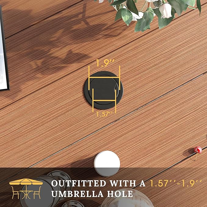 VICLLAX 63" Outdoor Round Patio Table with Umbrella Hole, All Weather Metal Round Outdoor Dining Table for Lawn Garden, 8-10 Person Table, Walnut Wood Grain HOME