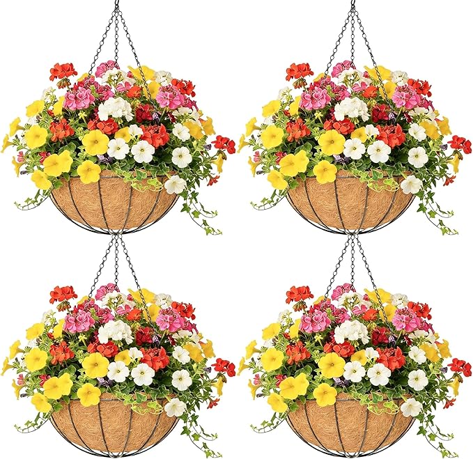 4 Pack 14 Inch Hanging Baskets for Plants Outdoor Metal Hanging Planter Hanging Flower Baskets with Coco Fiber Liners Chain Round Wire Plant Holder Hanging Flower Pots(Watermelon) Qusuxi
