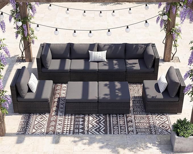 NICESOUL 8 Seater Modern Luxury Outdoor Furniture Set, Extra Large PE Wicker Patio Modular Sectional Sofa with Ottoman, 29.3'' High Back L-Shaped All-Weather Conversations, Deep Seated Grey Color NICESOUL