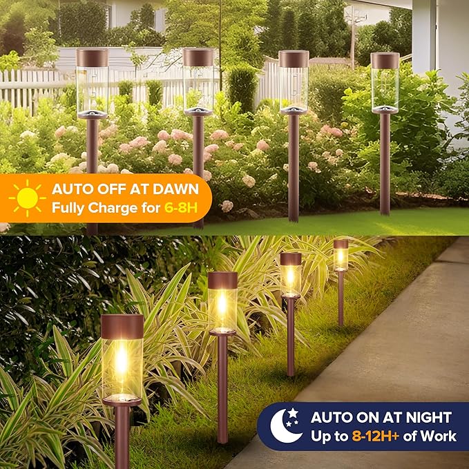 UME 8 Pack Solar Pathway Lights Outdoor, Bright Solar Garden Lights with Metal Design–IP65 Waterproof, Auto On/Off, 3000K LED Landscape Lighting for Yard, Lawn, Walkway, Driveway, Patio Decor UME