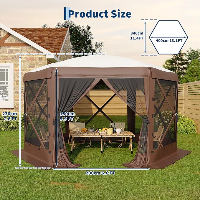 13x13FT 6-Sided Pop Up Gazebo Tent，One-Push Setup Canopy Tent with Removable Canopy Top & Wind Cloths, Outdoor shelter for Camping, Backyard Parties, Outdoor Events - Beige & Khaki GarveeLife