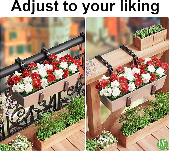 HFHOME 4PCS Adjustable Planter Window Box Planters Hanging Flower Box Holders Brackets, Heavy Duty Wall Mount Holder for Windowsills, Garden, Fences, and Balcony - Black HFHOME