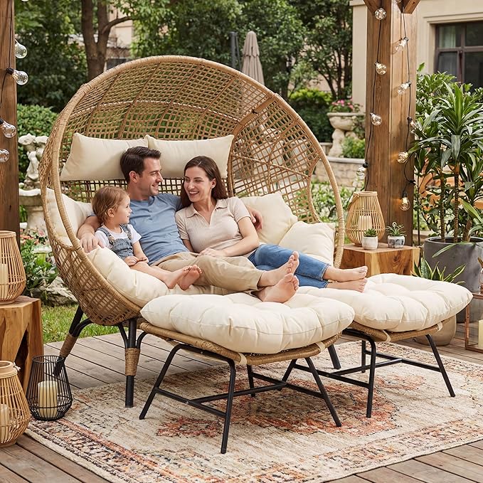 NICESOUL Indoor Outdoor Double Egg Chair with Ottoman Padded Cushions, 57.1" Plus Size XL Wicker Lounge Chair Deep Seating with Footrests, 2 Person Loveseat for Patio Porch Balcony Cream Beige NICESOUL