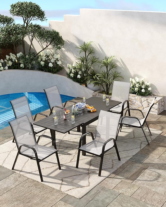 Outdoor Stackable Dining Chairs Set of 4, High-Back Patio Stacking Chairs, Patio Chairs with Textilene Farbic & Metal Frame for Lawn Backyard Deck Garden,Grey Rootora