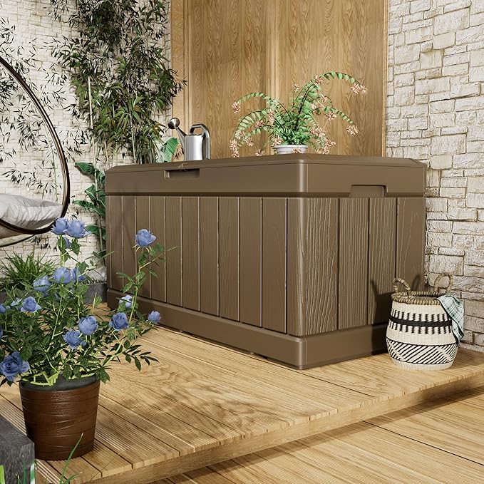 Greesum 82 Gallon Resin Deck Box All Weather Large Outdoor Storage for Patio Furniture, Toys, Garden Tools, Lockable, Brown BuynowfromGreesum