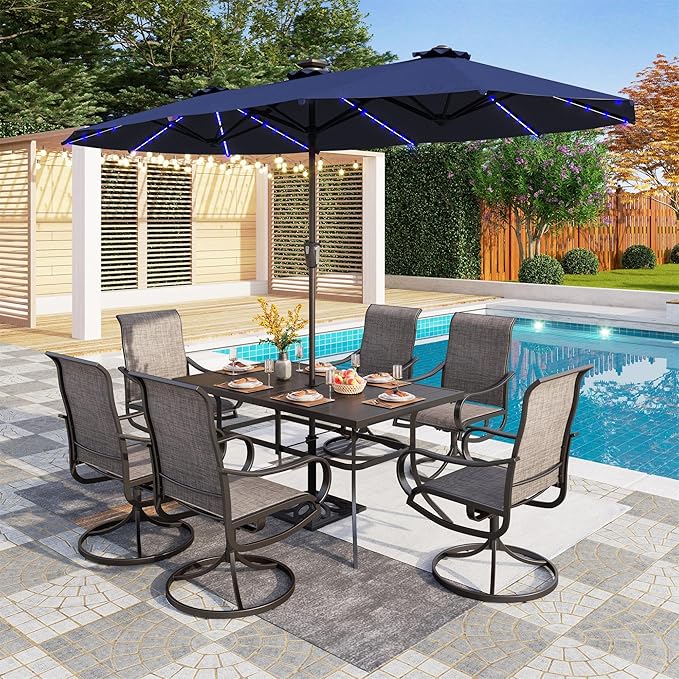 PHI VILLA 13ft Patio Umbrella with Solar-Powered 120 PCS LED Color-Changing Lights, Triple-Head Large Rectangle Umbrella Outdoor Patio for Table with Crank Lift,Navy Blue(No Base) PHIVILLAThepioneerofcomfortablehouseholdsupplies