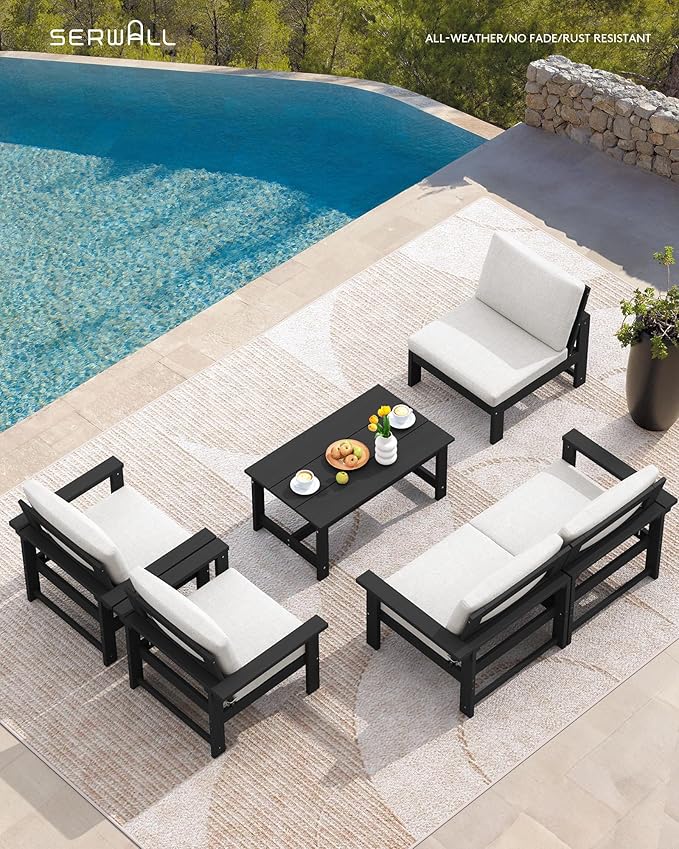 SERWALL HDPE Patio Conversation Set, 6-piece Sectional Outdoor Furniture Set, All Weather Outdoor Couch Set Patio Furniture Set for Deck, Lawn, Black Frame with Khaki Cushion SERWALL
