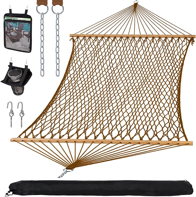 SUNCREAT Portable 2 Person Hammock with Carrying Bag, Tree Hooks, Magazine Bag, Bottle Holder, Heavy Duty Hanging Tree Hammock, Brown SUNCREAT