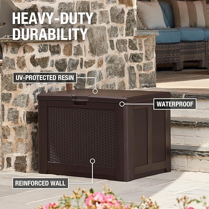 Rubbermaid Medium Resin Outdoor Storage Deck Box (74 Gal) Weather Resistant Brown Deck Organization for Home/Backyard/Pool Chemicals/Toys/Garden Tools/Porch/Patio Cushions Rubbermaid