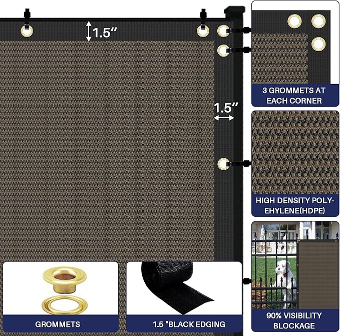 WINDSCREEN4LESS 6' x 9' Privacy Fence Screen in Brown for Chain Link Fence W/ Brass Grommet 85% Blockage Windscreen Outdoor Mesh Fencing Netting 150GSM Fabric W/ Zip Ties - Custom Size Windscreen4less