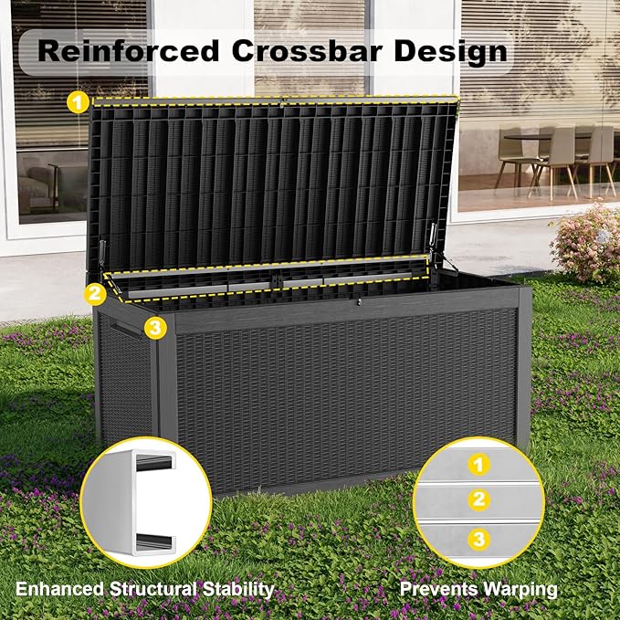 320 Gallon Outdoor Storage Box,Large Waterproof UV Resistant Deck Box,Lockable Storage Container for Patio Furniture Cushions Garden Tools and Pool Accessories(Black) Rootora