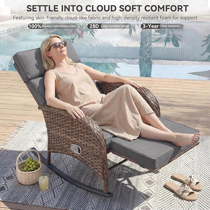 Zero Gravity Patio Rocking Wicker Recliner Chair - Wicker Outdoor Lounge Chair with Adjustable Backrest & Footrest, All Weather Reclining Rocker Chairs with Thick Cushion for Pool Deck Gray JelwalyPatioFurnitureSet