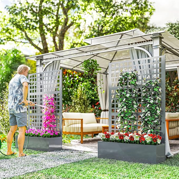 Outsunny Galvanized Raised Garden Bed with Trellis, Metal Planter Box with Drainage Holes, Outdoor Privacy Screen for Climbing Plants, Vegetable, Vines, 43" x 16" x 70", 2 Pack, Gray Wood Effect Outsunny