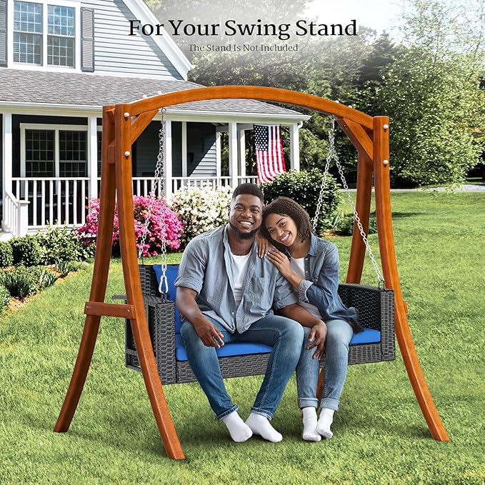 VINGLI Heavy Duty 800 LBS Wicker Hanging Porch Swing with Cushions & Chains, 4FT Outdoor Rattan Swing Bench for Garden, Yard, Lawn (Black+Blue) VINGLI