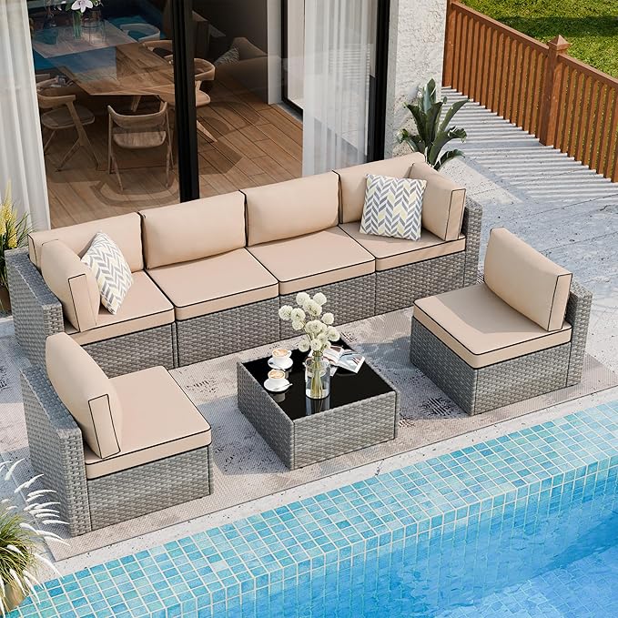 Shintenchi 7 Pieces Outdoor Patio Sectional Sofa Couch, Silver Gray PE Wicker Furniture Conversation Sets with Washable Cushions & Glass Coffee Table for Garden, Poolside, Backyard (Khaki) Shintenchi