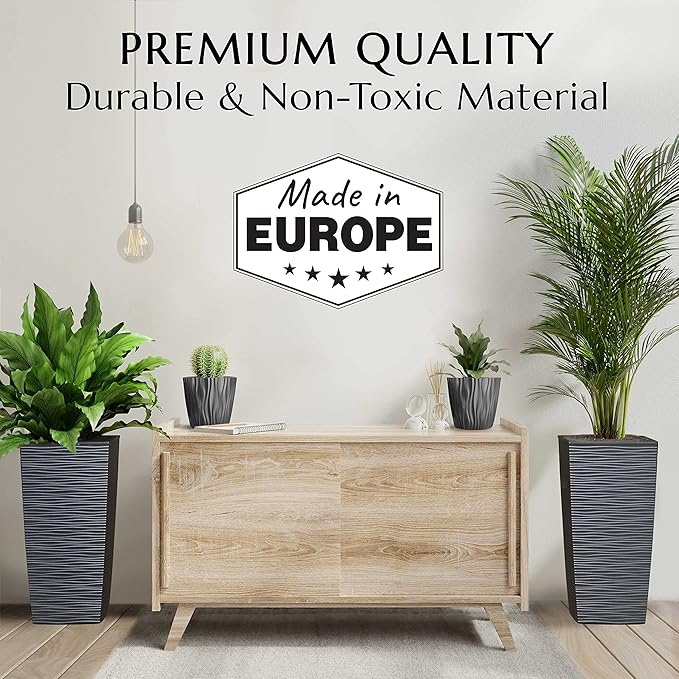 Mueller Janska M-Resin Heavy Duty Tall Planter, Indoor/Outdoor Grande Plant, Tree, Flower Pot, 2-Piece Set, 24”, Modern Design, Built-in Drainage, Dark Gray Mueller