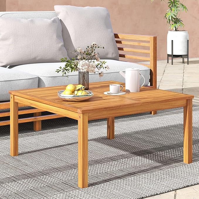 Tangkula Patio Wood Coffee Table, Solid Acacia Wood 35.5 Inches Side Table with Slatted Tabletop, Outdoor Square Table for Backyard, Porch, Balcony TANGKULA