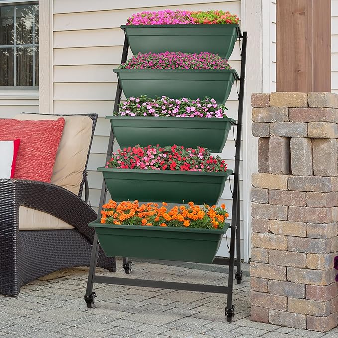 Raised Garden Beds - 5 Tier Vertical Garden Planter - Planters for Outdoor Plants - Gardening and Greenhouse Accessories by Pure Garden (Green) PureGarden