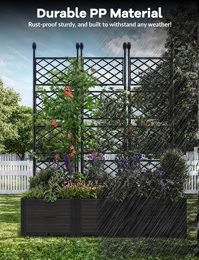 IDEALHOUSE 3 PCS Raised Garden Bed with Trellis, 50" W×63" T Plastic Planter Box with Privacy Screen, Sturdy Lightweight Vertical Garden for Climbing Plants Patio Balcony Backyard IDEALHOUSE