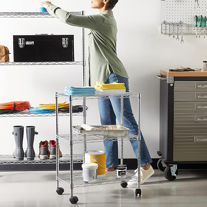 Amazon Basics 3-Shelf Heavy Duty Adjustable Wire Shelving Storage Rack on 2" PP Plastic Wheel Casters, Steel Utility Shelving Unit for Garage and Laundry Room, 23.2" x 13.4" x 32.75", Chrome AmazonBasics