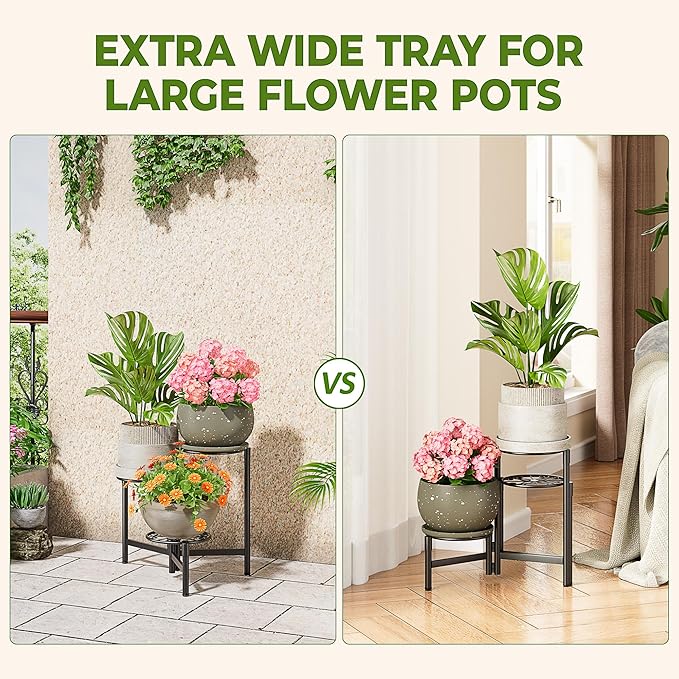 Metal Plant Stand Outdoor Indoor, 3 Tier Foldable Corner Tall Plant Shelf for Multiple Plants Flower Pot Holder Display Stand for Living Room Balcony Garden Patio -BlackS Rootora