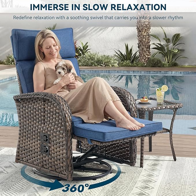 Zero Gravity Patio Swivel Rocking Recliner Chairs Set of 2 - Wicker Outdoor Lounge Chair with Adjustable Backrest & Footrest, All Weather Reclining Rocker Chairs with Thick Cushion for Pool Deck Blue JelwalyPatioFurnitureSet
