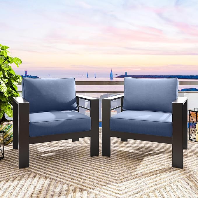 Solaste Patio Furniture Metal Armchair, 2 PCS All-Weather Aluminum Garden Outdoor Contemporary Sofa Chair with Cushions, Blue Solaste