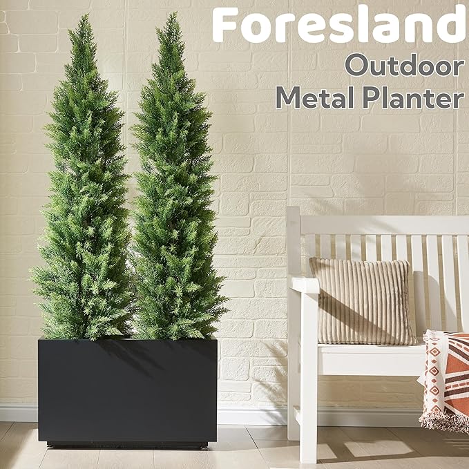 Outdoor Metal Planter Box 26Wx10Dx16H, Large Rectangular Trough Planters, Easy 5-Min Assembly, Modern Plant Container with Drainage Holes, Heavy Duty, Weather Resistant, Black Foresland-MetalPlanter