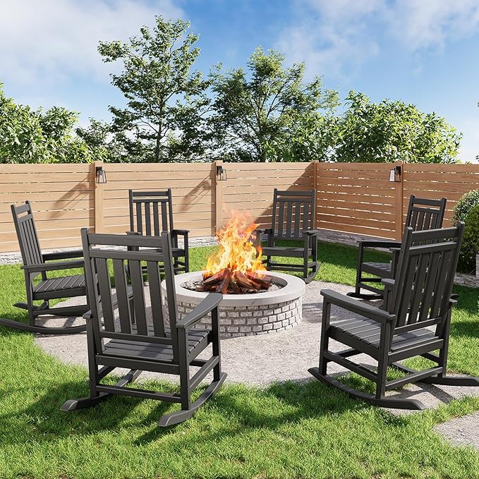 GarveeLife Poly Lumber Rocking Chair Outdoor Set of 6 - HDPE High Back Porch Rocker Chairs for Adults - All Weather Resistant Furniture for Patio - Black GarveeLife