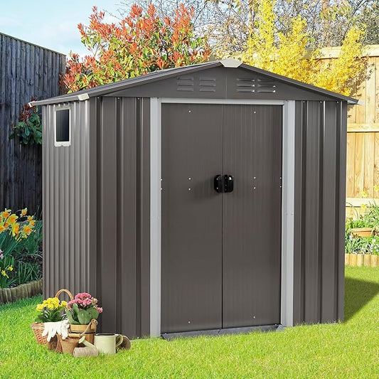 Vongrasig Outdoor Storage Shed, 6 x 4 FT Outside Metal Garden Shed with Large Window and Lockable Door, Waterproof Tool Shed for Backyard Patio, Lawn and Garden (Gray) Vongrasig
