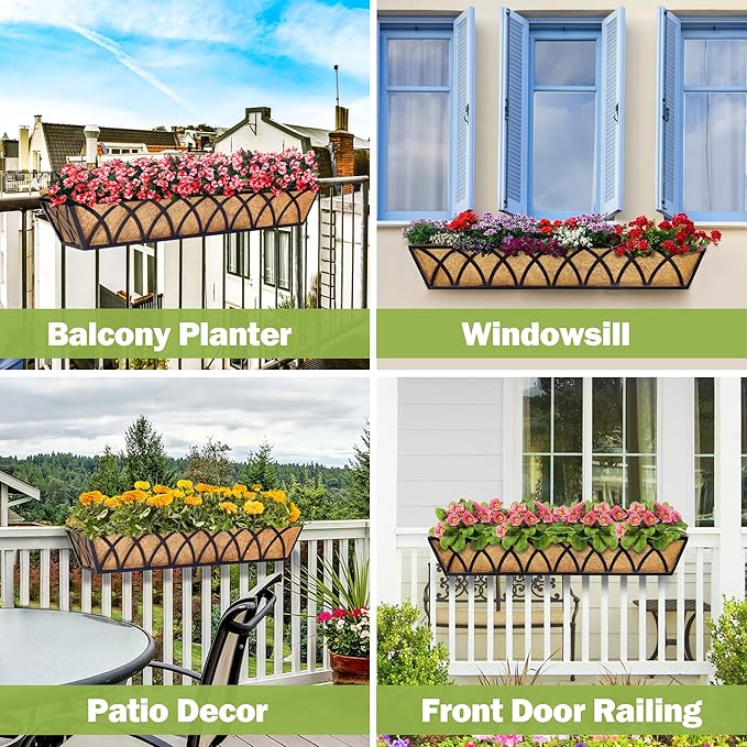 6pcs 30 Inch Window Deck with Coco Liner, 30" Window Boxes Horse Trough with Coconut Coir Liner, Metal Hanging Flower Planter Window Basket Deck Railing Planter Boxes for Outdoor Indoor Lawn LAWYAMAI