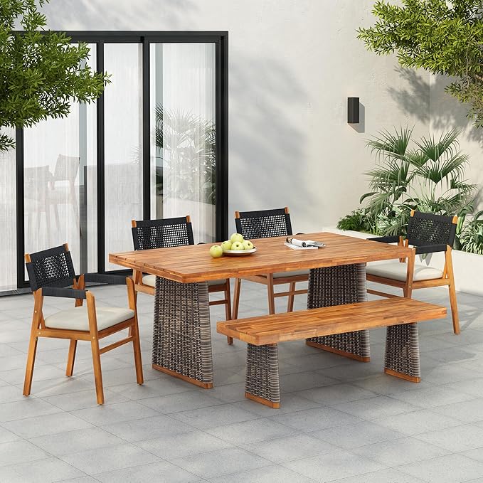 Christopher Knight Home Pasco Acacia Wood Outdoor Dining Table Set for 6, Wicker Patio Dining Set with Acacia Wood Table and Bench, Patio Table and Chair Set with Cushion+Rope Backrest,Black+Teak+Grey ChristopherKnightHome